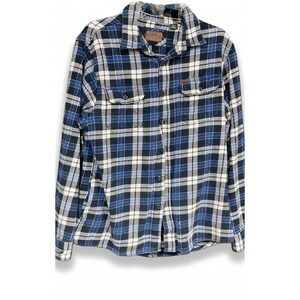 Orvis Mens Blue Plaid Flannel Button Down Shirt Cotton Long Sleeve Size Medium